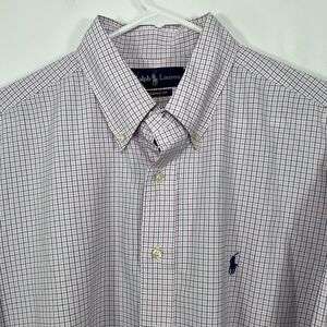 Ralph Lauren Button Down Dress Shirt Mens 17.5 34/35 Pink Blue Plaid Navy Pony